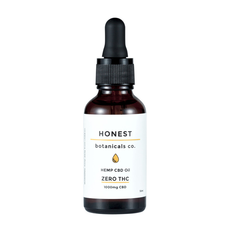 Honest Botanicals CBD tincture, amber glass bottle with dropper.